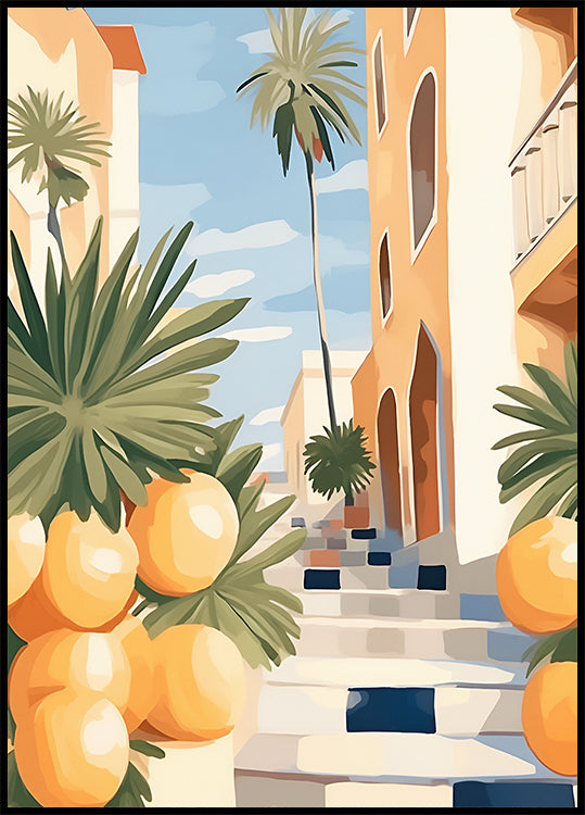 Sunny Citrus Street, Mediterranean Village Steps Poster - Posterbox.dk