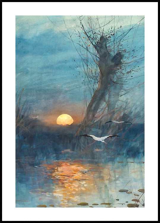 Sonnenuntergang über dem Teich mit Störchen Poster - Posterbox.dk