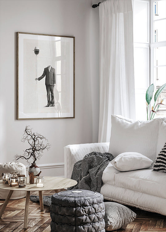 Surreale Abwesenheit, kopfloser Mann mit Ballonkopf Poster - Posterbox.dk