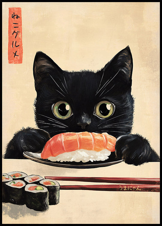 Sushi-Liebhaber-Katze, japanisch inspiriertes Katzenkunstposter - Posterbox.dk