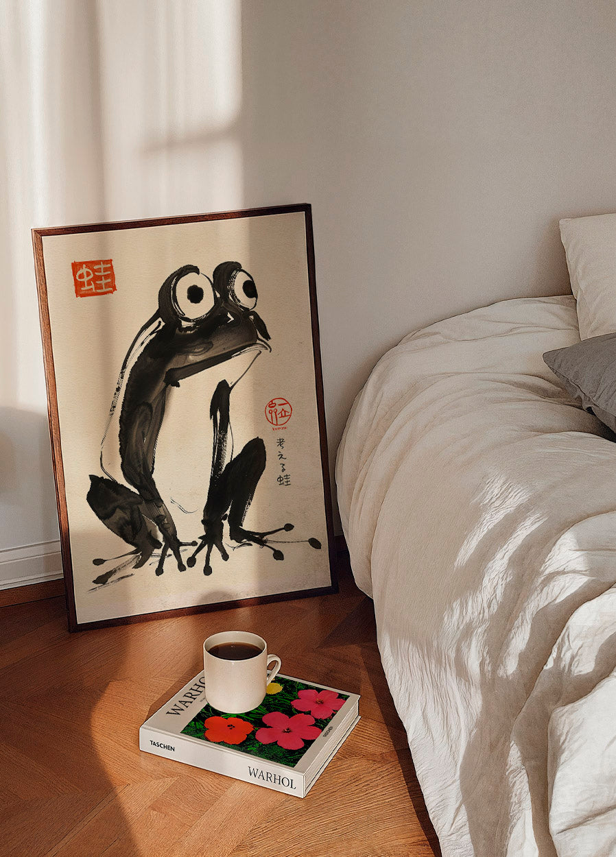 Nachdenklicher Frosch, japanisches Sumi-e-Illustrationsposter - Posterbox.dk