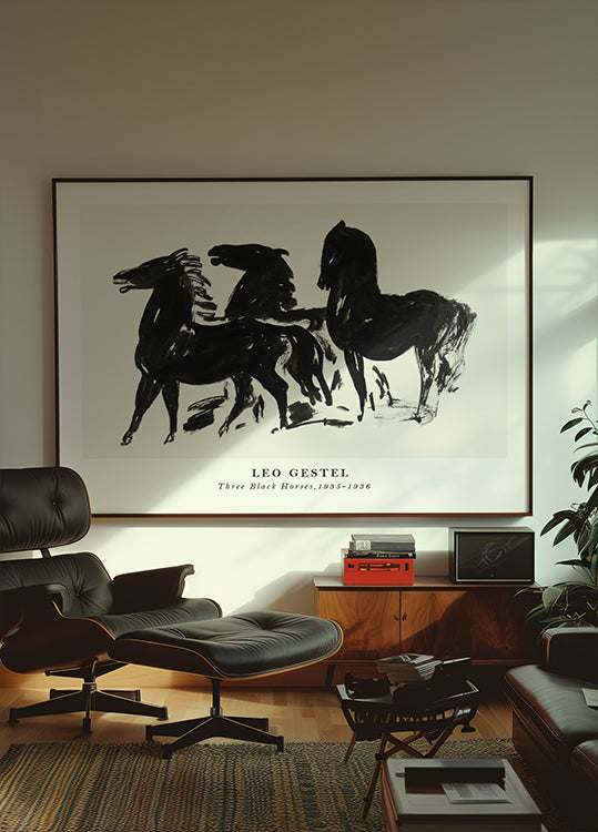 Drei schwarze Pferde, dynamische Tuscheskizze von Leo Gestel 1935–1936 Poster – Posterbox.dk