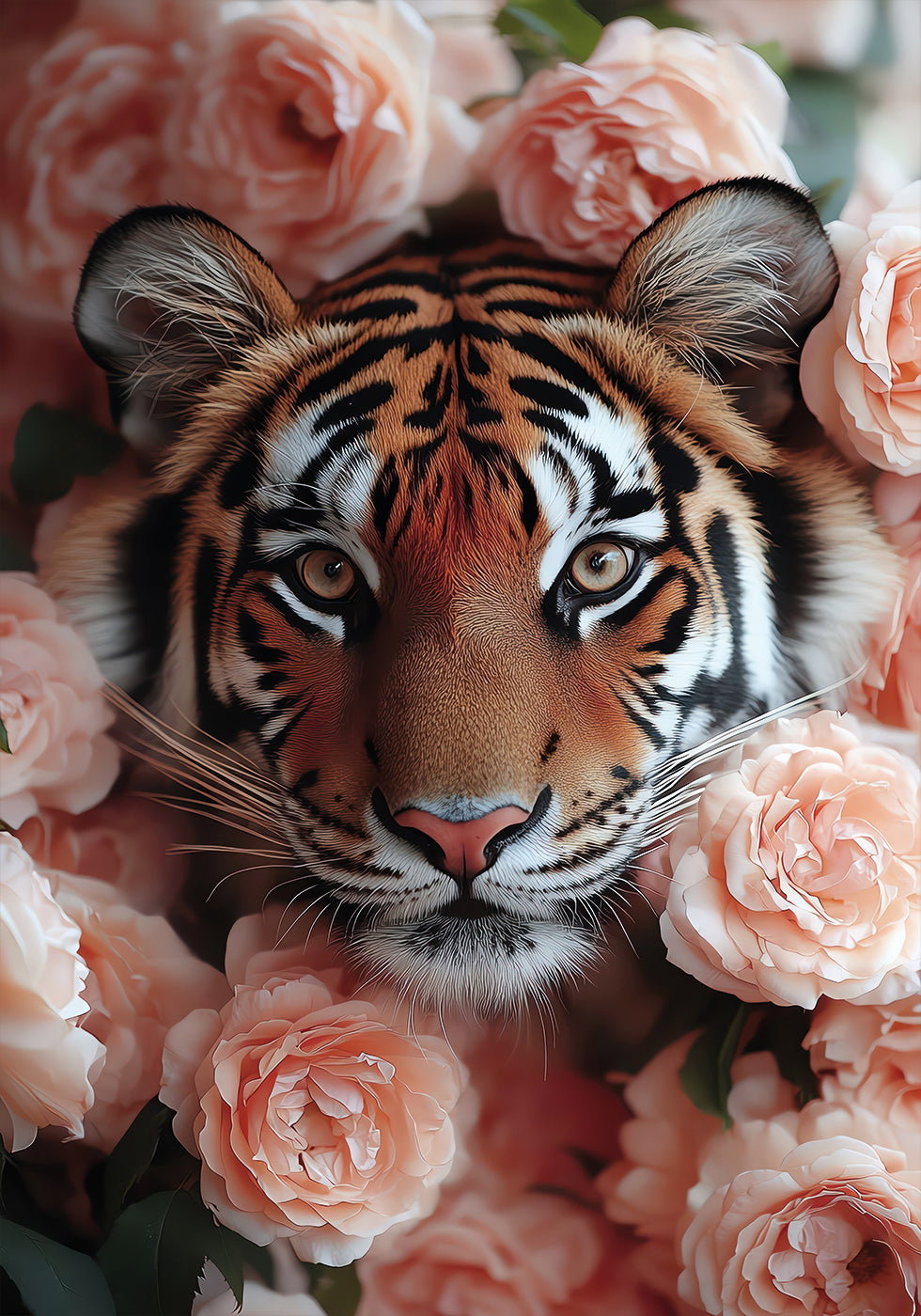 Tiger unter pfirsichfarbenen Rosen Poster - Posterbox.dk