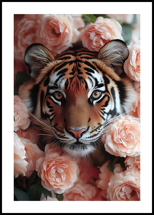 Tiger unter pfirsichfarbenen Rosen Poster - Posterbox.dk