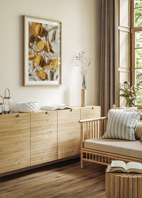 Lebhafte Zitronen auf strukturiertem Stoffposter - Posterbox.dk