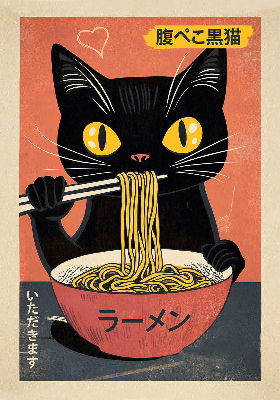 Vintage-Poster mit schwarzer Katze, die Ramen isst – Posterbox.dk