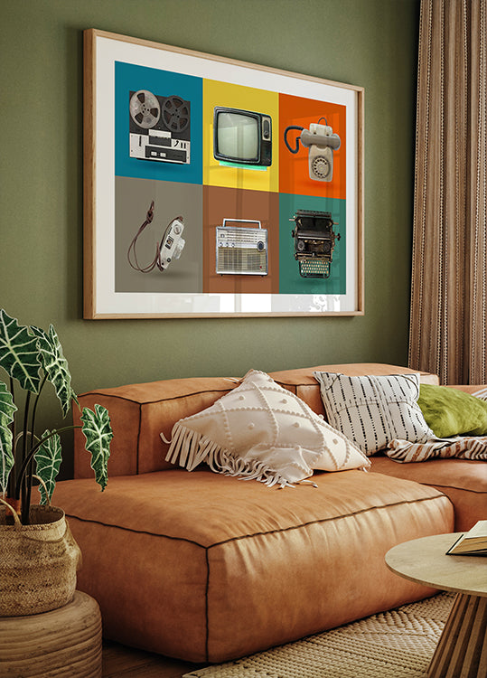 Buntes Vintage-Tech-Grid, Retro-Gadgets-Poster - Posterbox.dk