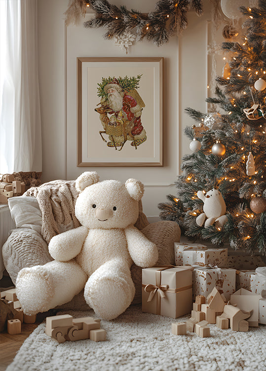 ein Teddybär, der neben einem Weihnachtsbaum sitzt