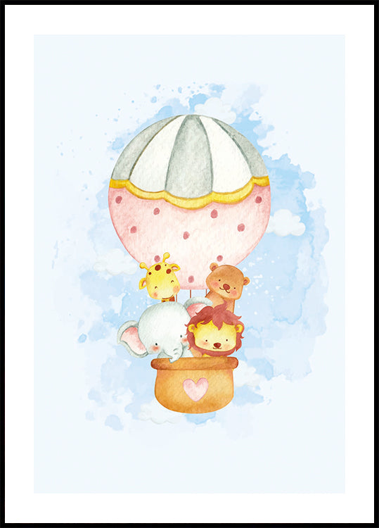 Aquarell-Tiere im Heißluftballon-Poster - Posterbox.dk