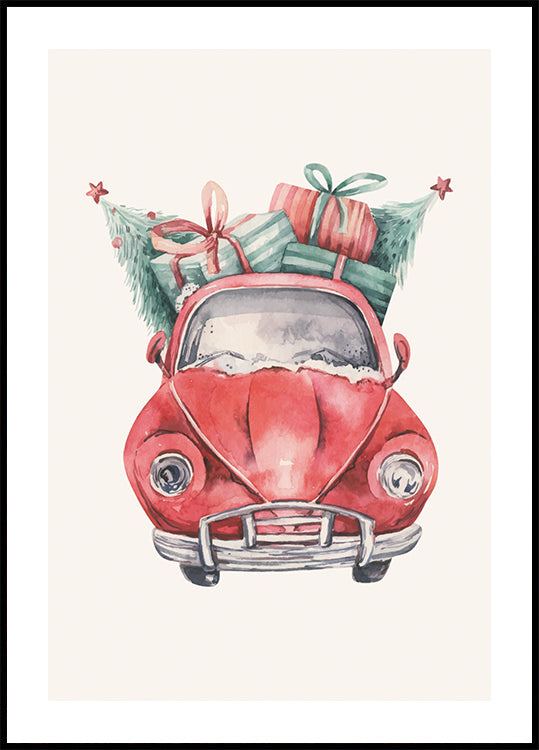 ein rotes Auto mit Geschenken darauf