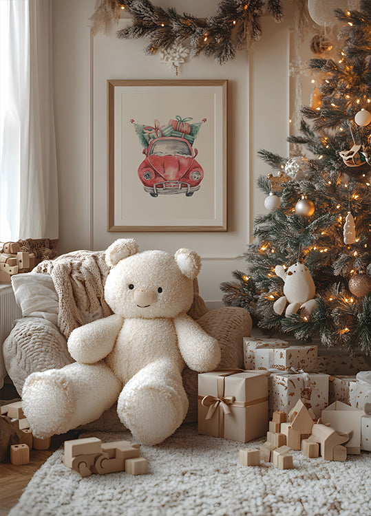 ein Teddybär, der vor einem Weihnachtsbaum sitzt