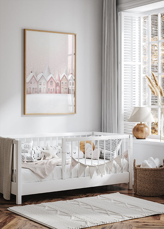 Aquarell verschneite rosa Häuser-Poster - Posterbox.dk