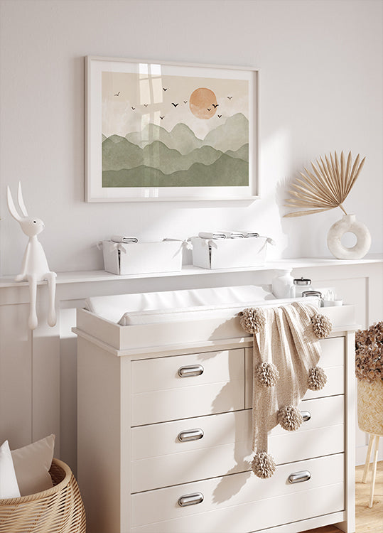 Aquarell-Sonnenaufgang in den Bergen Poster - Posterbox.dk