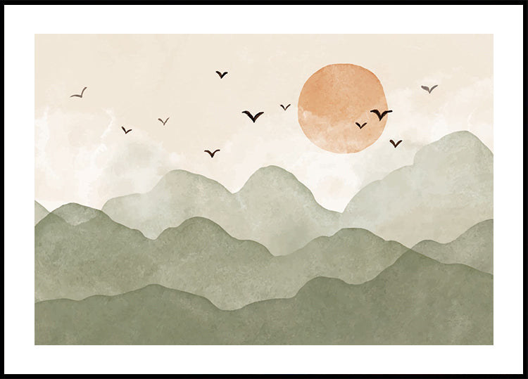 Aquarell-Sonnenaufgang in den Bergen Poster - Posterbox.dk