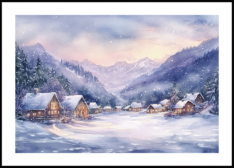 Aquarell Winter Mountain Village Poster - Posterbox.dk