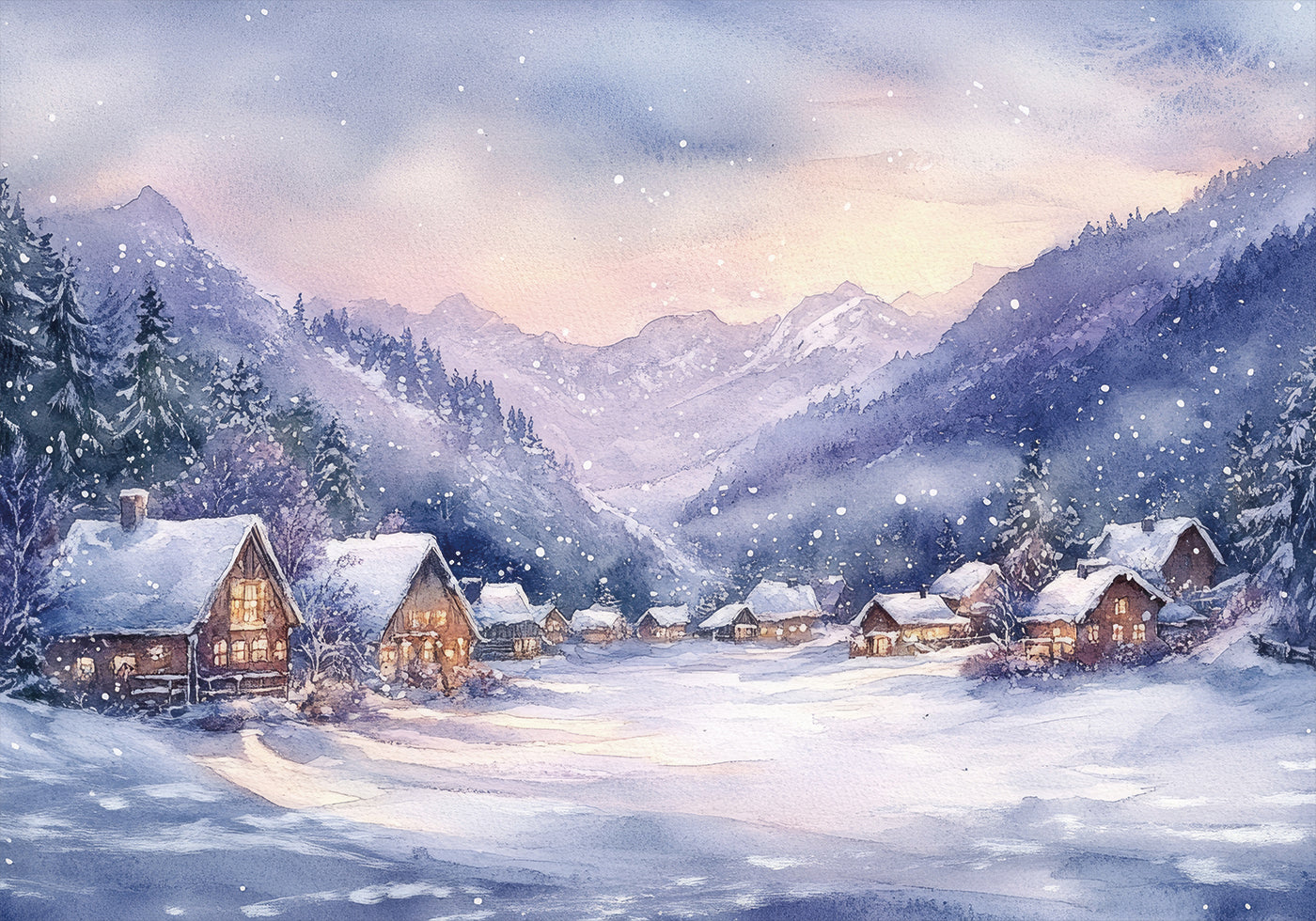 Aquarell Winter Mountain Village Poster - Posterbox.dk