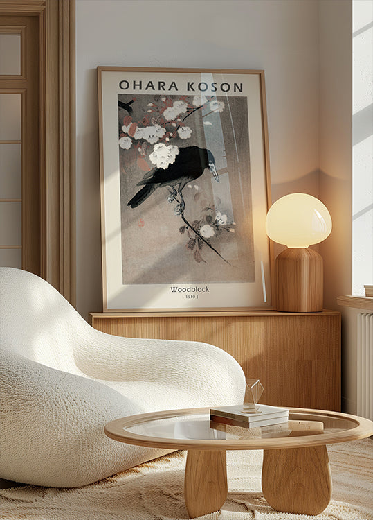Holzschnitt, Krähe auf Kirschblütenzweig von Ohara Koson Poster - Posterbox.dk