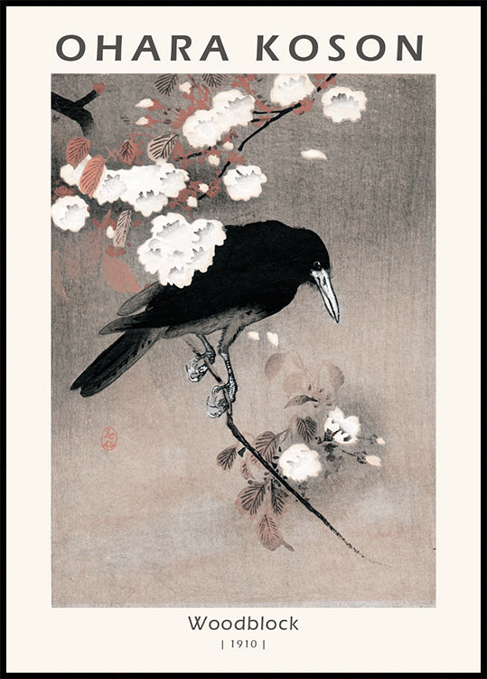 Holzschnitt, Krähe auf Kirschblütenzweig von Ohara Koson Poster - Posterbox.dk