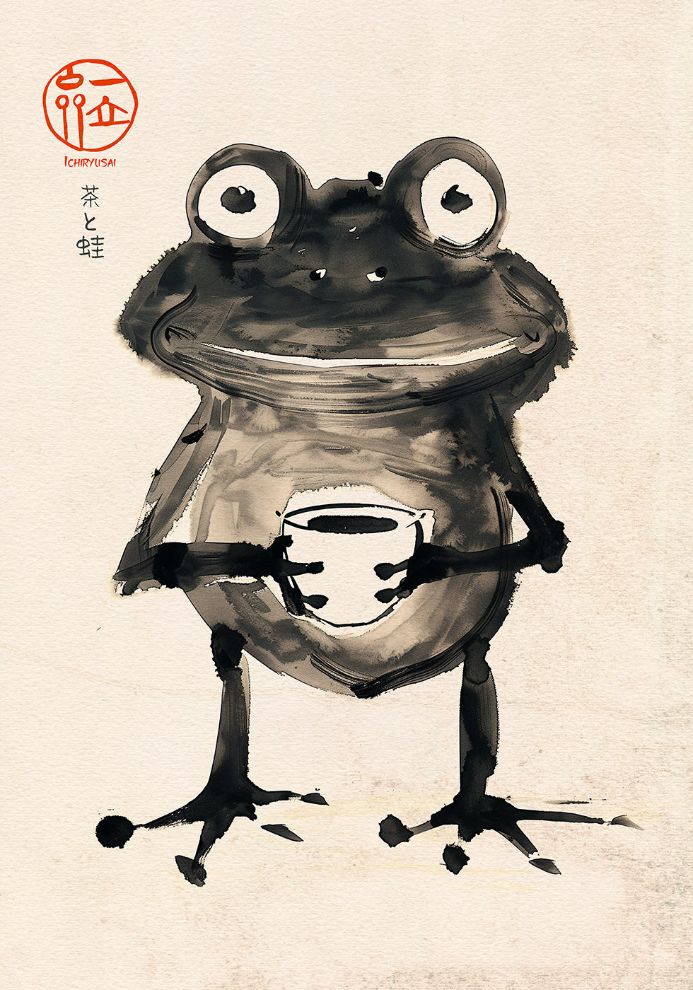 Zen-Frosch mit Tee, japanisches Tuschekunstposter - Posterbox.dk