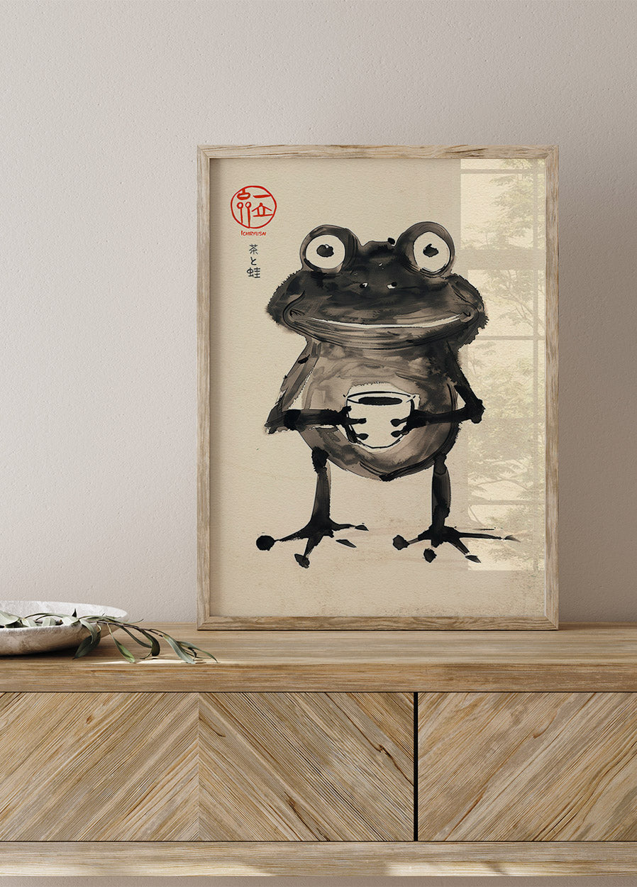 Zen-Frosch mit Tee, japanisches Tuschekunstposter - Posterbox.dk
