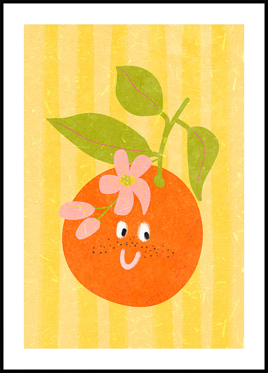 Ein fröhliches Orange mit einer Blume an der Spitze, vor einem gelb gestreiften Hintergrund.
