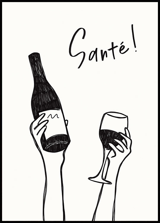 Hands holding a wine bottle and a wine glass with the text "Cheers!" in French Plakat - Posterbox