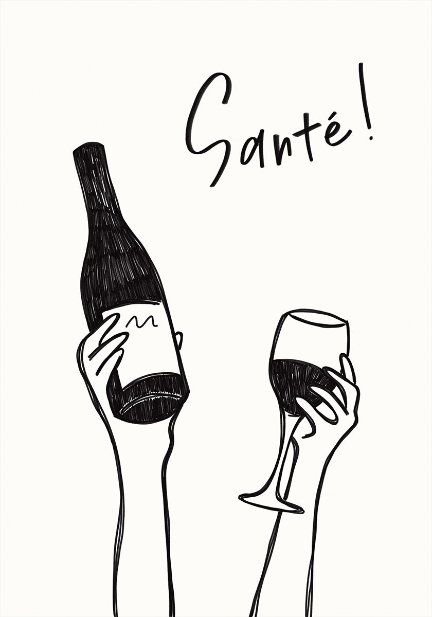 Hands holding a wine bottle and a wine glass with the text "Cheers!" in French Plakat - Posterbox