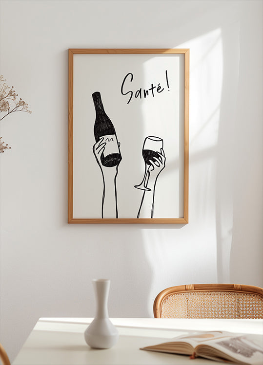 Hands holding a wine bottle and a wine glass with the text "Cheers!" in French Plakat - Posterbox
