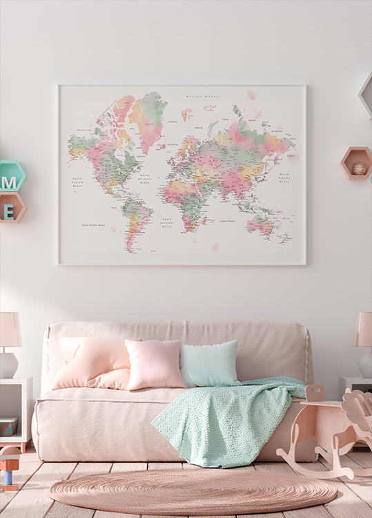 Pastel watercolor world map with cities, Anjah - Posterbox