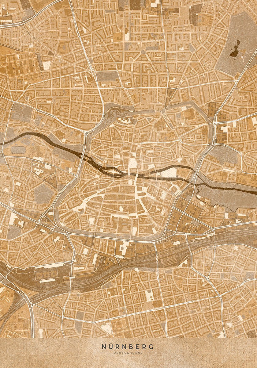 Sepia vintage map of Nürnberg downtown Germany Plakat - Posterbox