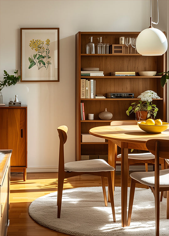 ein gemütliches und gut organisiertes Wohnzimmer mit einem Bücherregal aus Holz, einem runden Holztisch und einem Holzstuhl. Der Raum strahlt eine warme und einladende Atmosphäre aus, da durch das Fenster natürliches Licht hereinströmt.