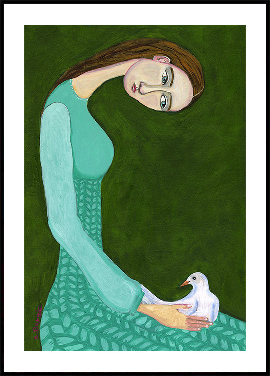 Lady sitting with white dove bird woman Plakat - Posterbox