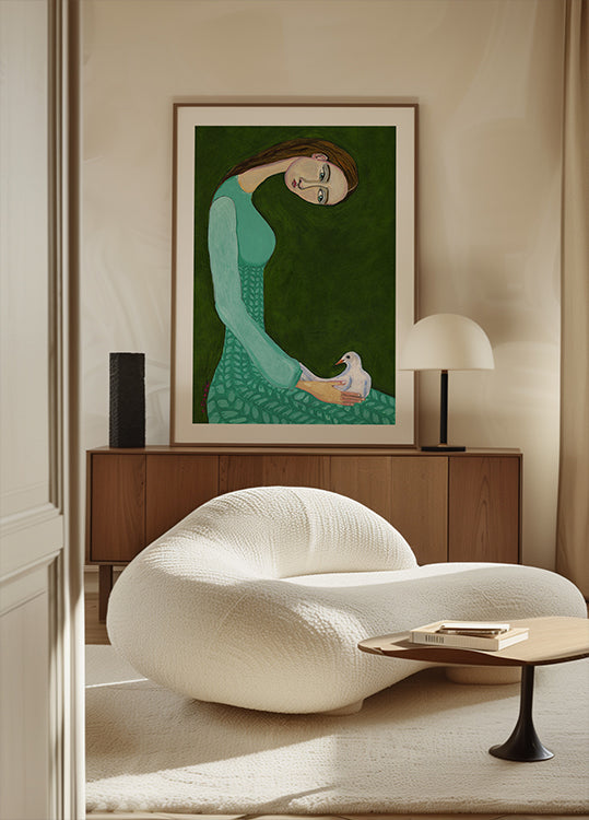 Lady sitting with white dove bird woman Plakat - Posterbox
