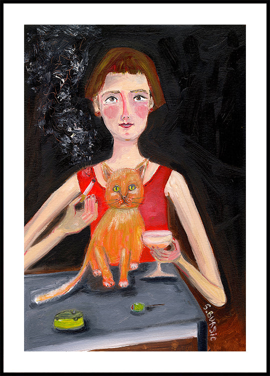 Vintage woman with cocktail and cat Plakat - Posterbox