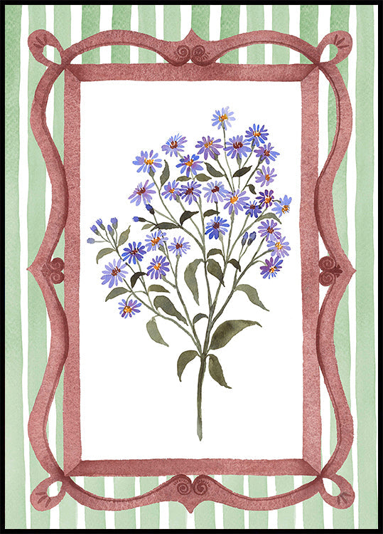 Asters in an Ornate Frame - Sage Green Stripes (NEW) - Posterbox
