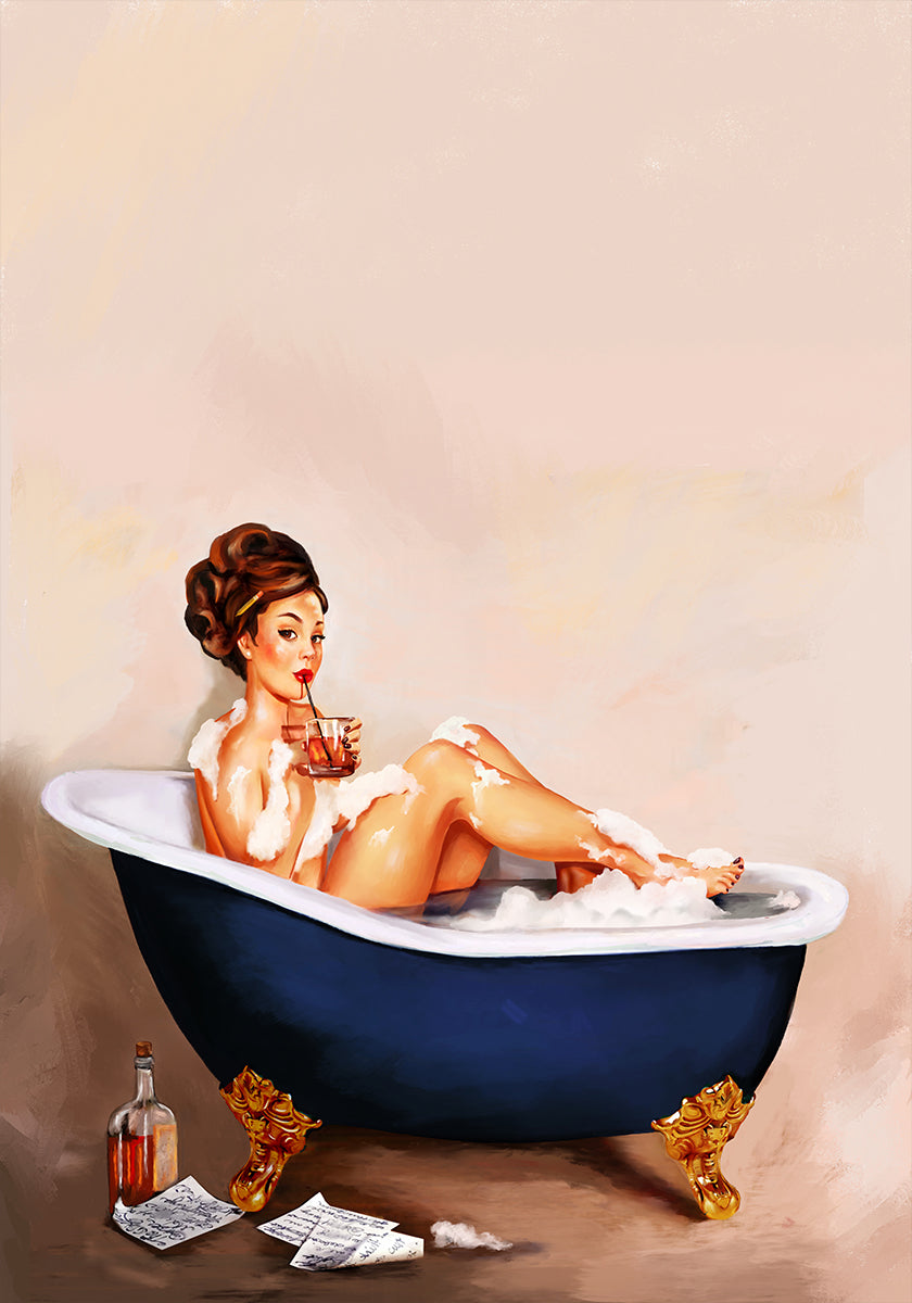 Bathtub Drinks: Pinup Girl Drinking In Bathroom (NEW) - Posterbox