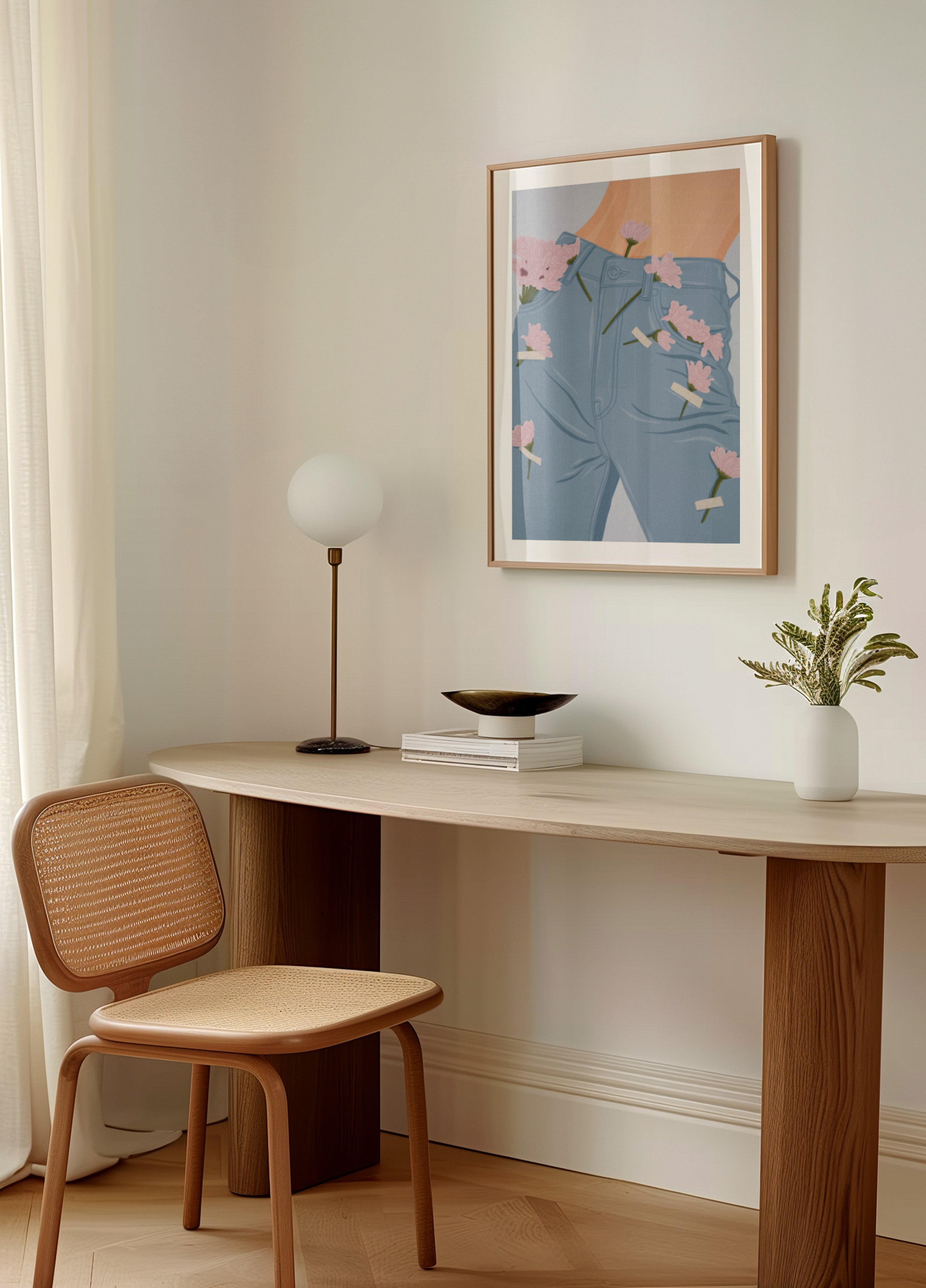 Rosa Blumen auf Jeans
