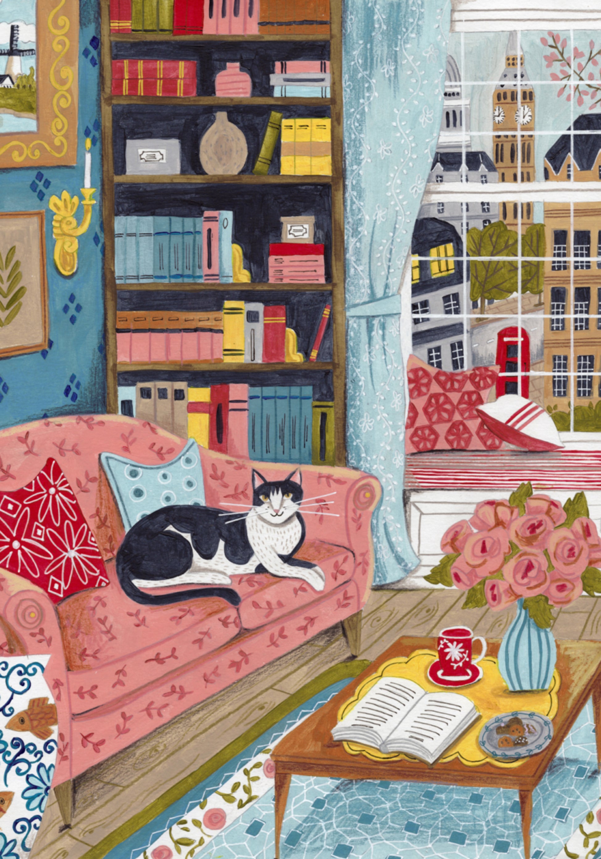 Katze auf Sofa in Londoner Pastellfarben