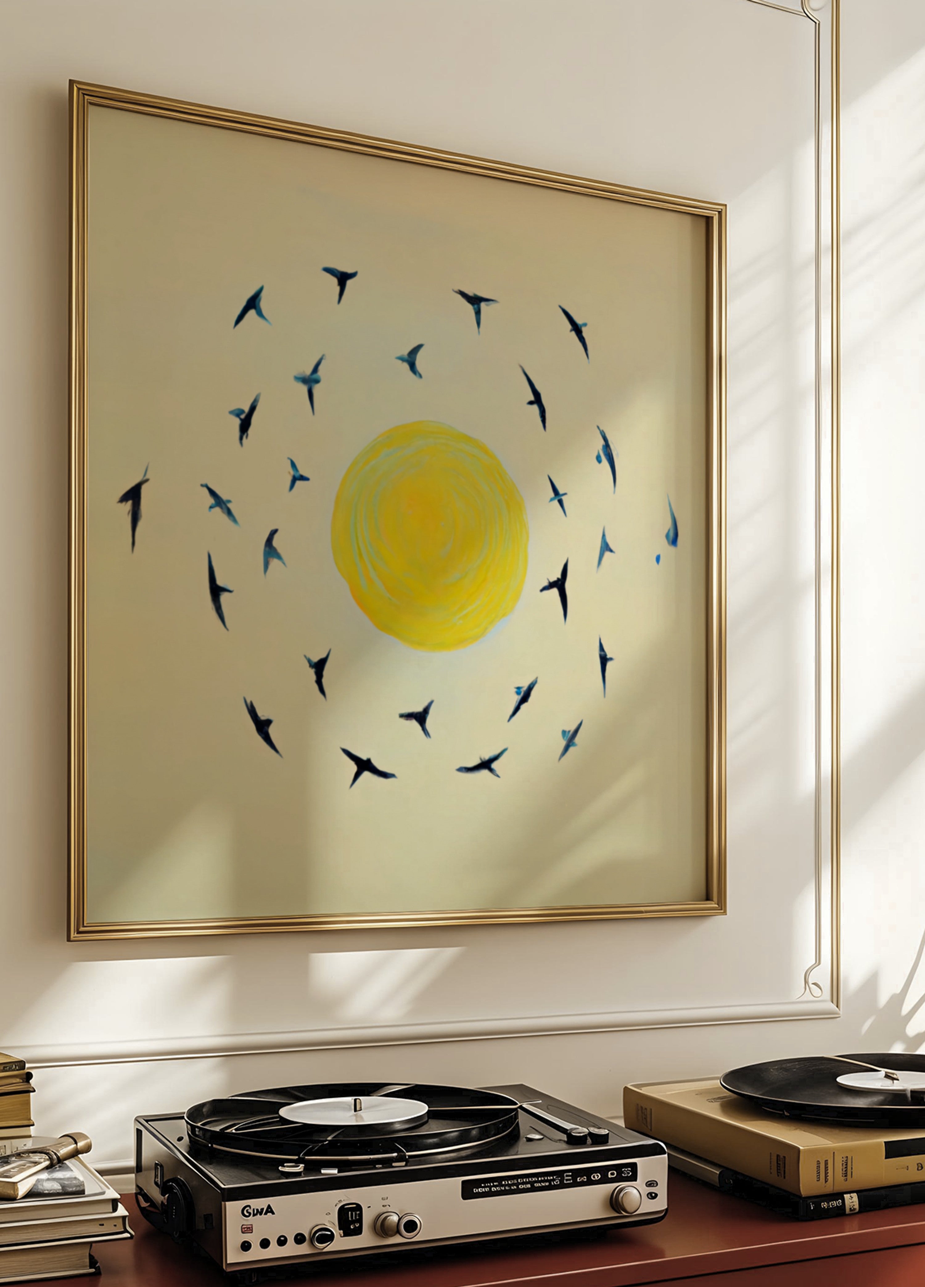 Vögel kreisen um die Sonne