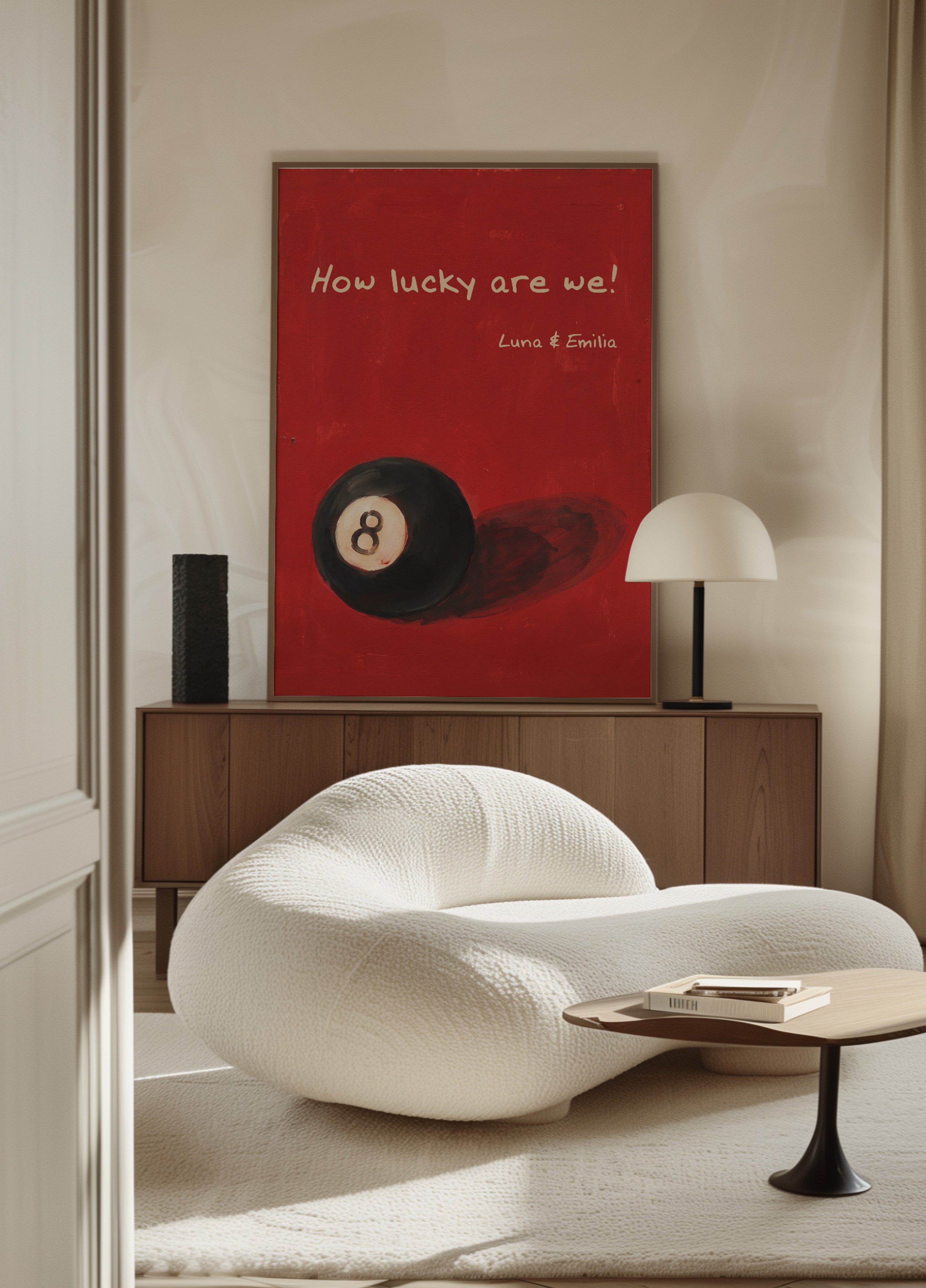 Vintages 8-Ball-Poster „Wie glücklich wir sind“.