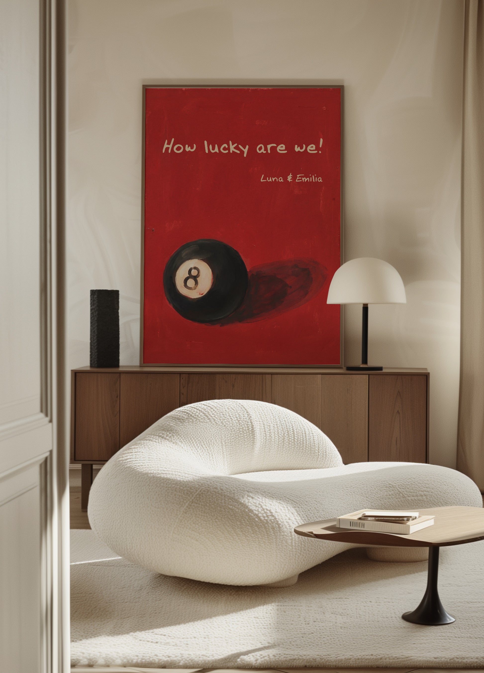 Vintages 8-Ball-Poster „Wie glücklich wir sind“.