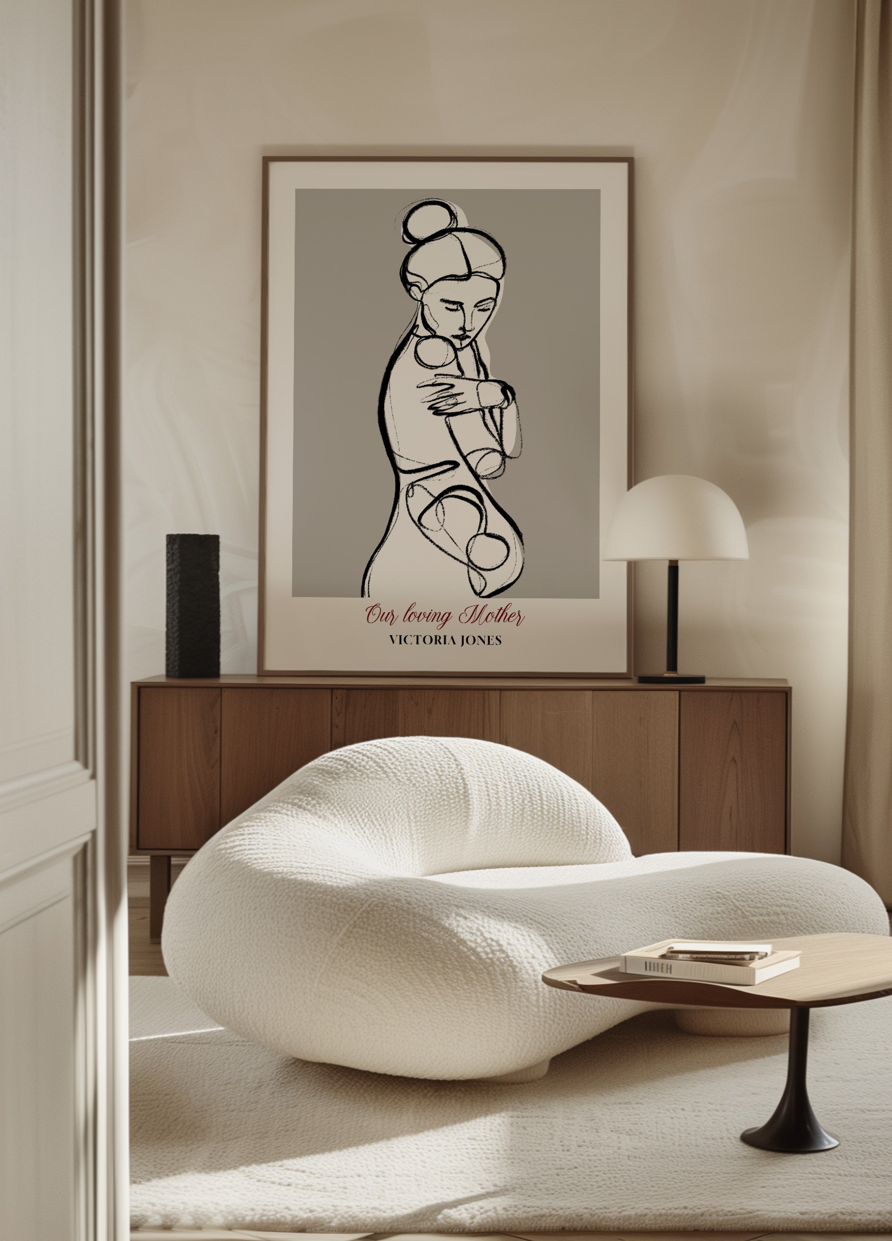 Minimalistische Linienkunst einer Frau in Selbstumarmungen