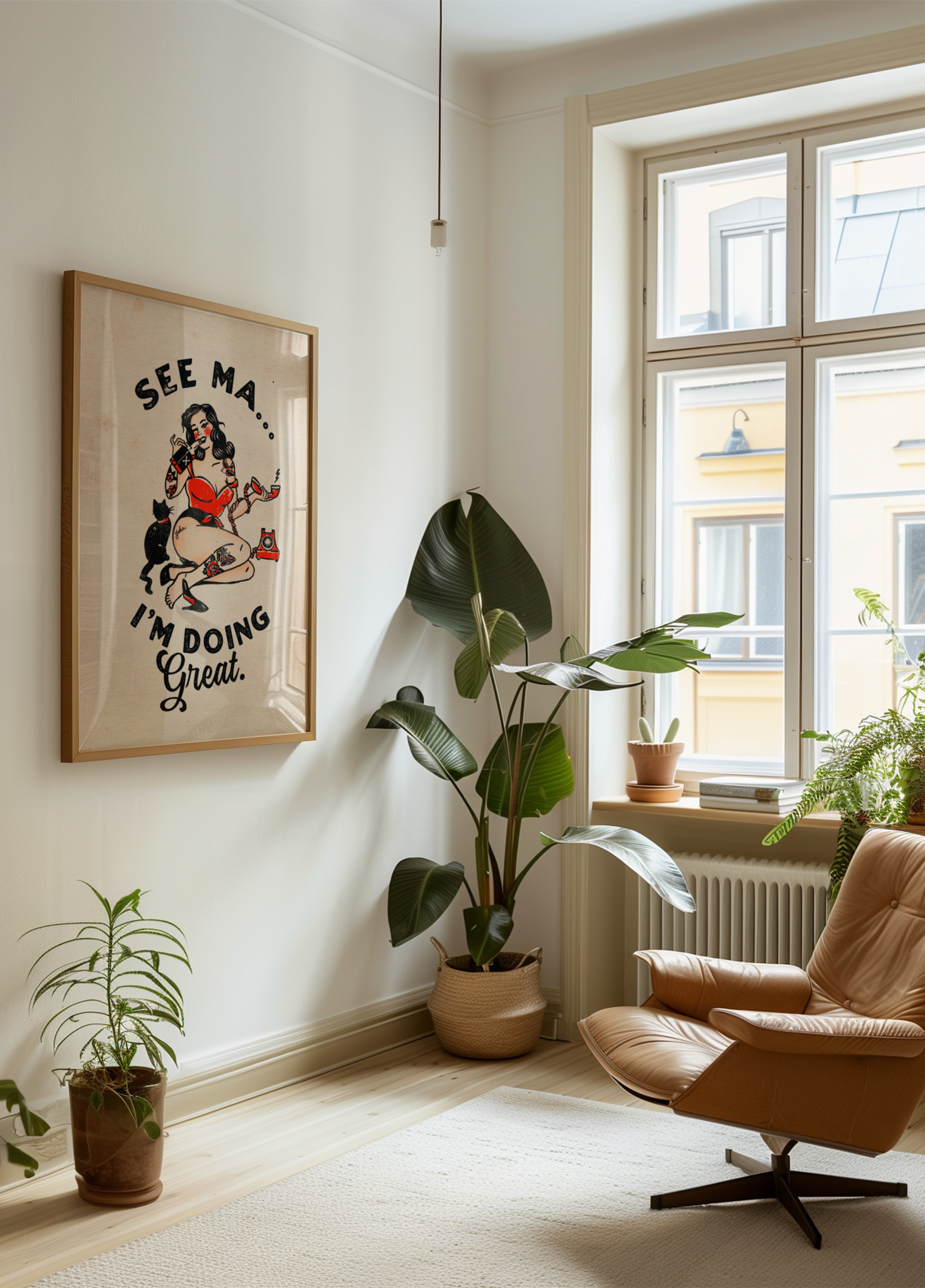Siehe Ma Poster Lustiges Vintages Pinup-Mädchen und Katze