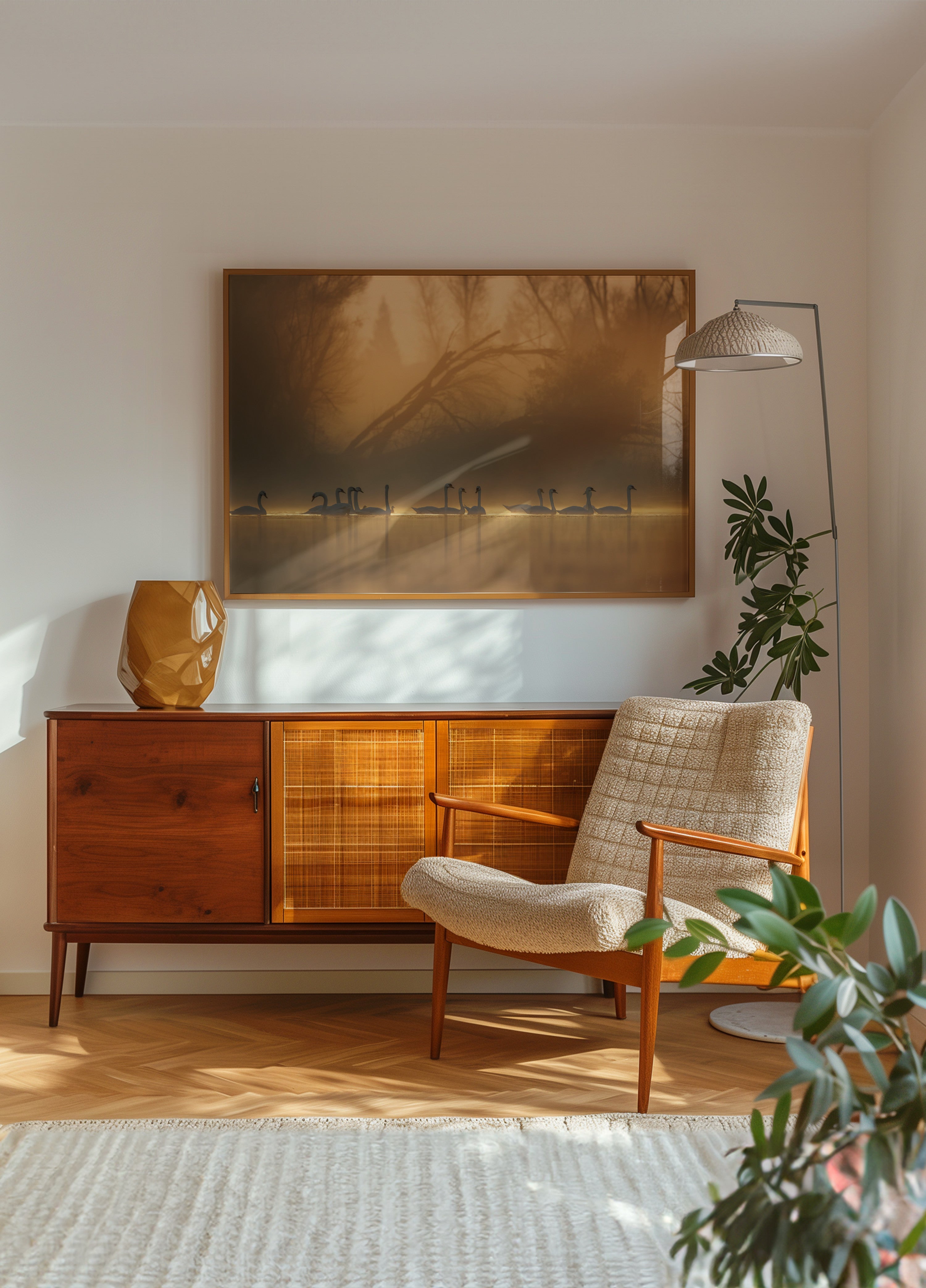 Schwäne im goldenen Nebel