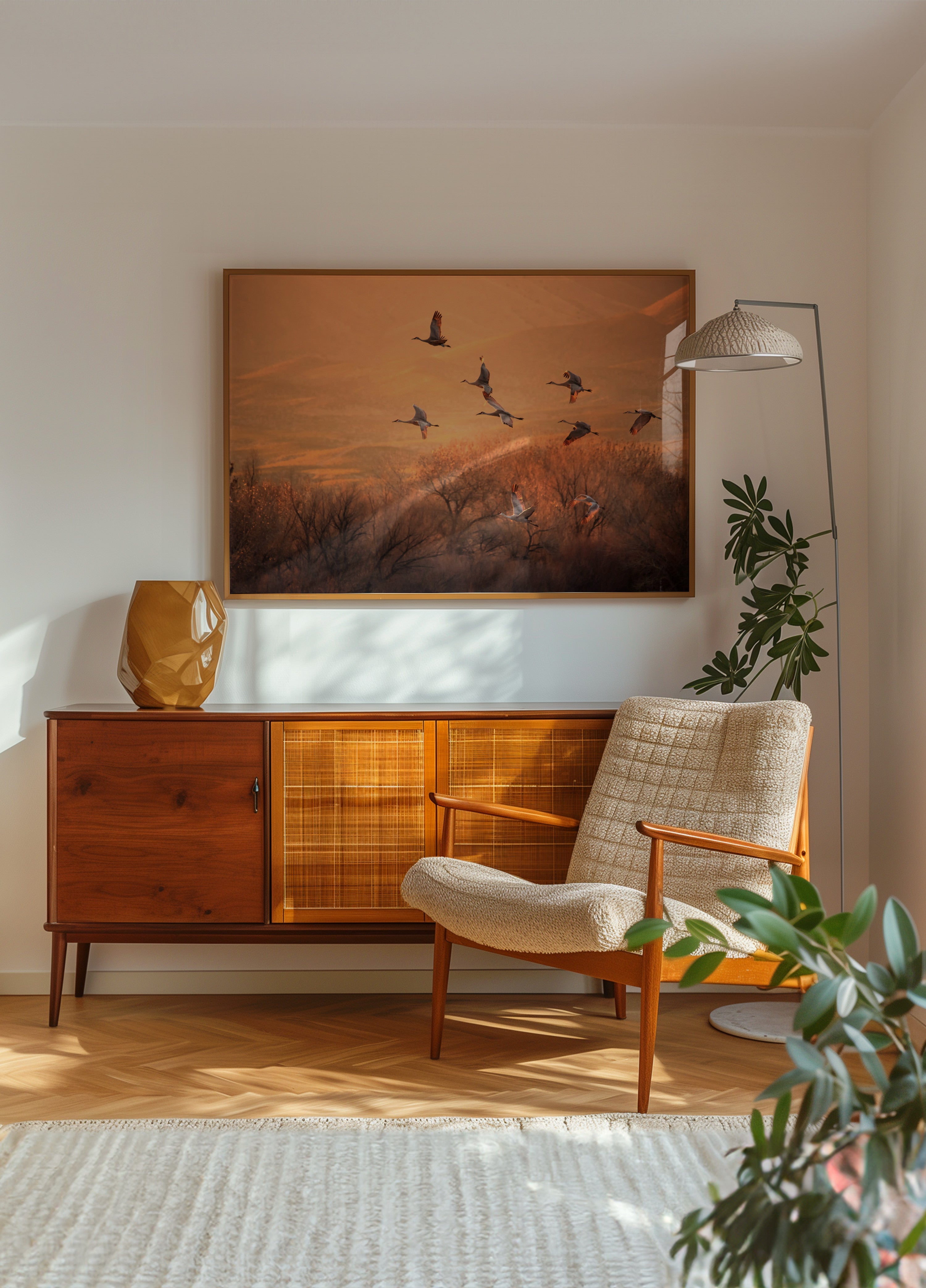 Kraniche zur Goldenen Stunde