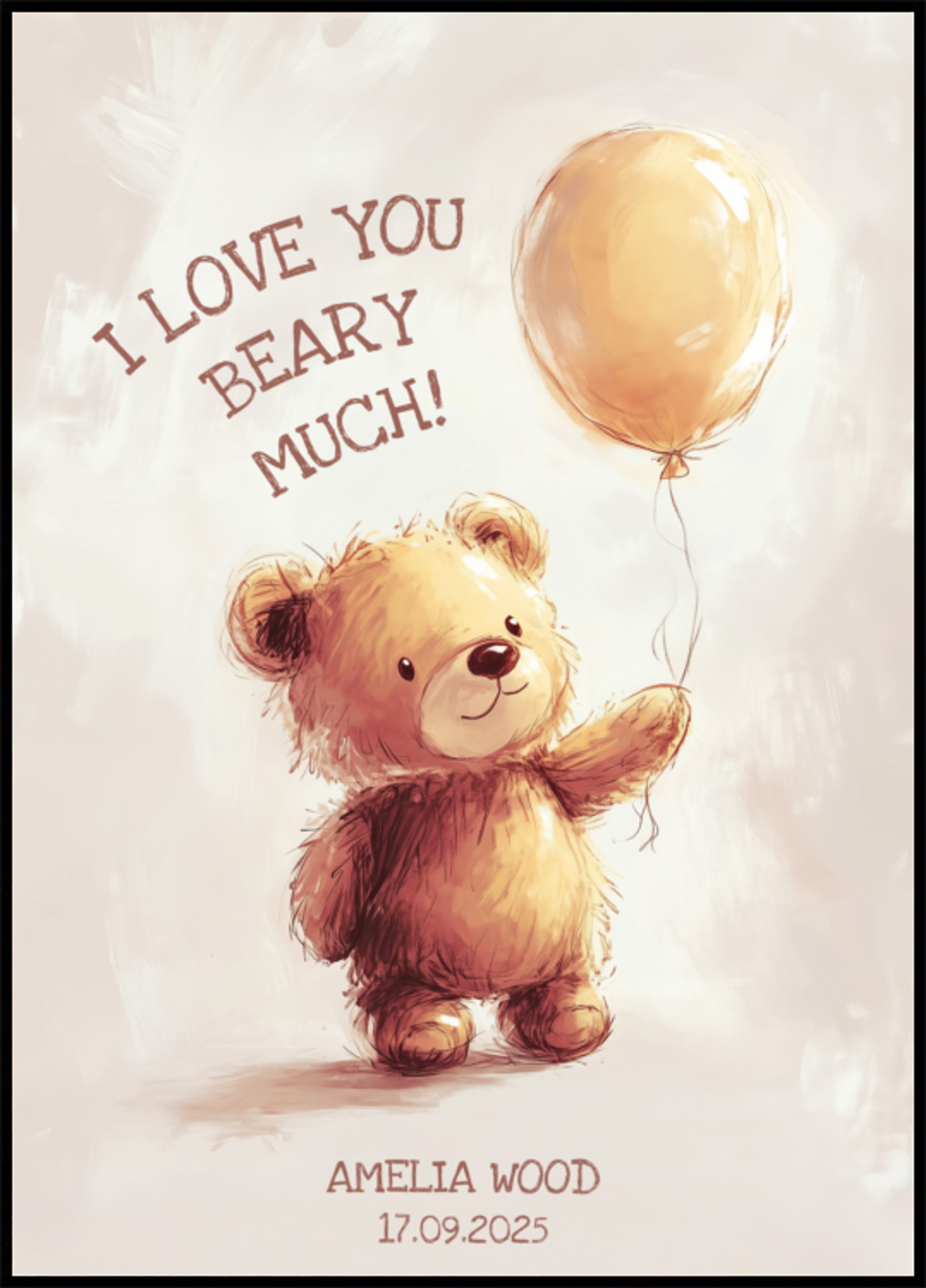 Unpersönlicher Teddybär mit Luftballon und Liebesbotschaft