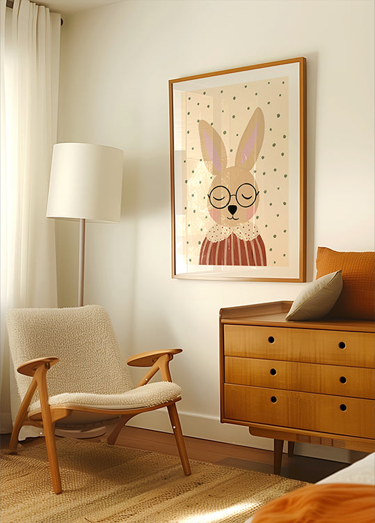 ein gemütliches Wohnzimmer mit einem beigen Sessel, einer Holzkommode und einem gerahmten Bild eines Hasen mit Brille.