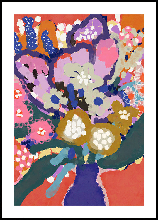 Das Bild ist ein lebendiges und farbenfrohes abstraktes Gemälde mit einer Vielzahl von Blumen und Blattwerk in verschiedenen Farben, darunter Rosa-, Blau-, Grün- und Gelbtöne. Das Gemälde ist in einem schwarzen Rahmen gerahmt, der einen Kontrast zu den hellen und lebendigen Farben des Kunstwerks bildet.