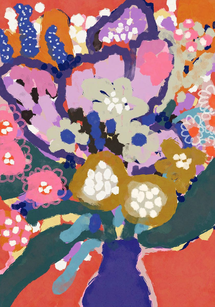 Das Bild ist ein lebendiges und farbenfrohes abstraktes Gemälde mit einer Vielzahl von Blumen und Blattwerk in verschiedenen Farben, darunter Rosa-, Blau-, Grün- und Gelbtöne. Das Gemälde ist eine lebendige und dynamische Komposition mit kräftigen Pinselstrichen und einem Gefühl von Energie und Bewegung.